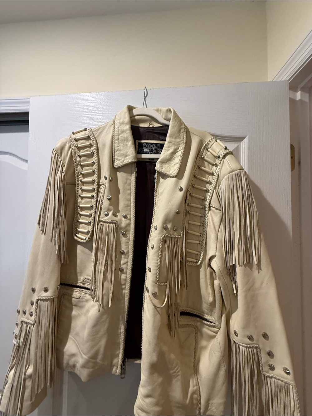 Vintage Fringe Leather Jacket - Cream Western Style